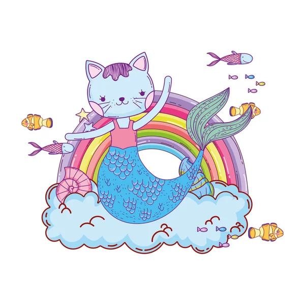 Purrmaid with clouds and rainbow undersea — Stock Vector