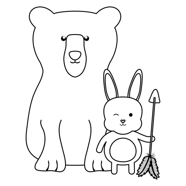 Медведь гризли и кролик со стрелами богемный стиль — стоковый вектор