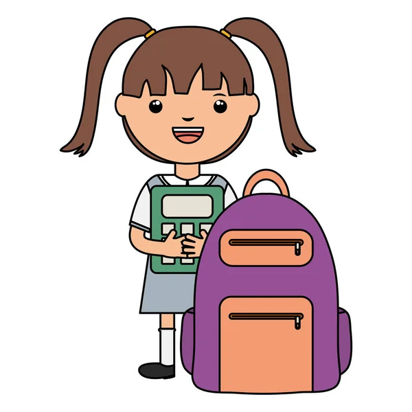 Cute little student girl with calculator and schoolbag — Stock Vector