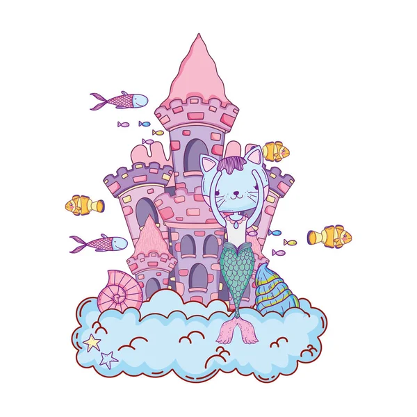 Χαριτωμένο purrmaid με υποβρύχιες κάστρο — Διανυσματικό Αρχείο