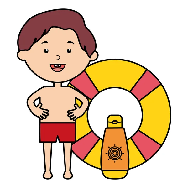 Niño pequeño con bloqueador solar y flotador — Vector de stock