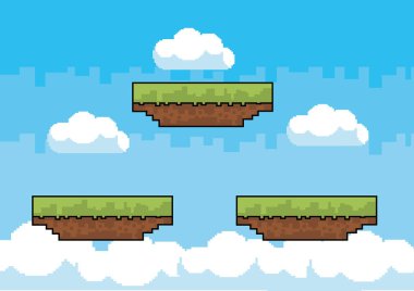 Arcade oyun dünya ve piksel sahne tasarım vektör illüstrasyon