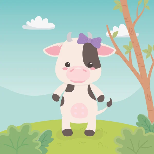 Χαριτωμένη και μικρή αγελάδα στο χωράφι — Διανυσματικό Αρχείο