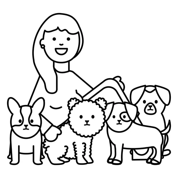 Jonge vrouw met kleine honden adorables Mascottes — Stockvector