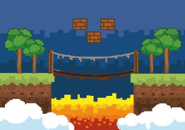 Arcade oyun dünya ve piksel sahne tasarım vektör illüstrasyon