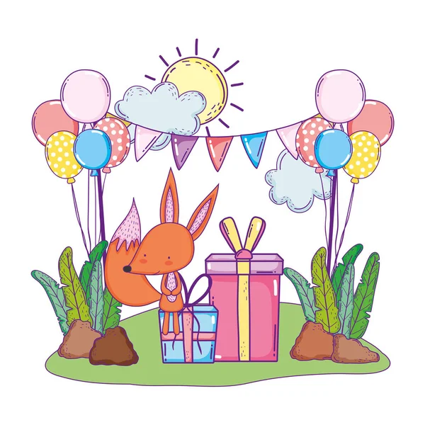 Mignon et petit renard avec des ballons hélium dans le paysage — Image vectorielle