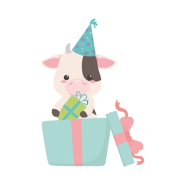 Cow cartoon with happy birthday icon design — Stock Vector