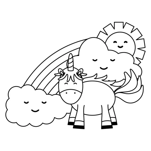 Schattige Eenhoorn in regenboog met wolken en zon kawaii personages — Stockvector