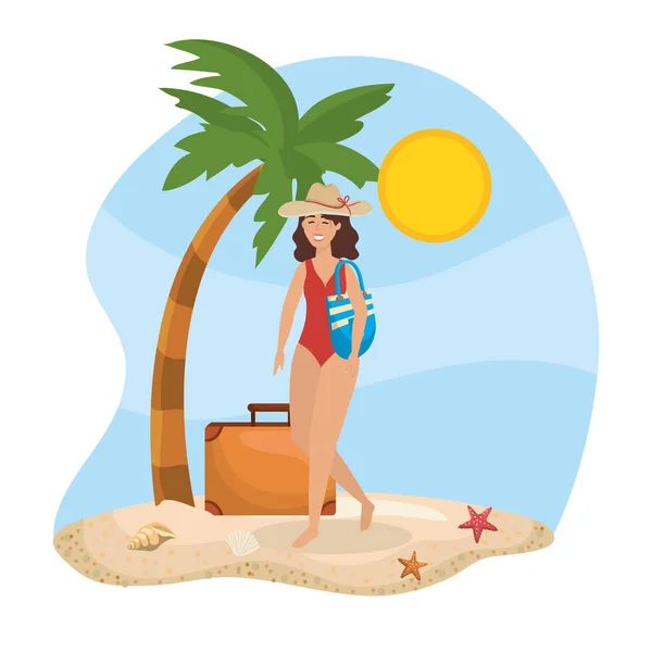 Mujeres con traje de baño con sombrero y bolso con estrellas de mar — Vector de stock