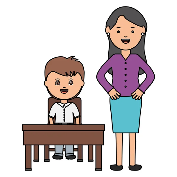 Mignon petit étudiant garçon avec femme professeur dans schooldesk — Image vectorielle