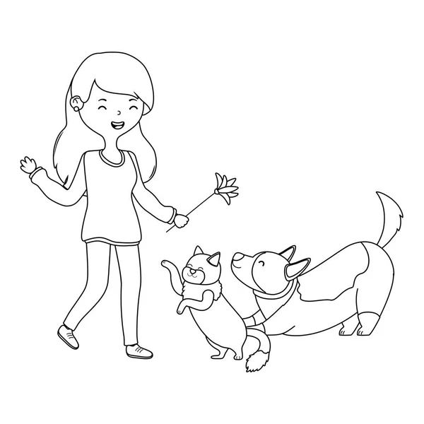 Девушка с кошачьим и собачьим рисунком — стоковый вектор