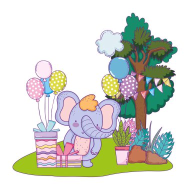 sahada hediyeler ve balonlar helyum ile fil