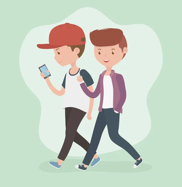 Chicos jóvenes caminando usando teléfonos inteligentes — Vector de stock