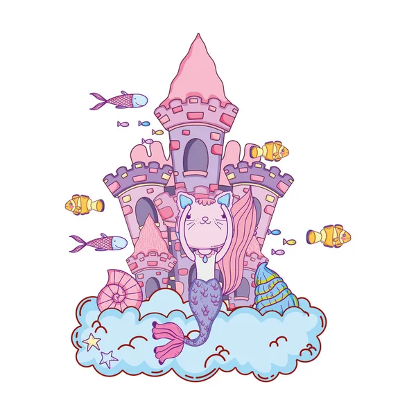Cute purrmaid with castle undersea — Stock Vector