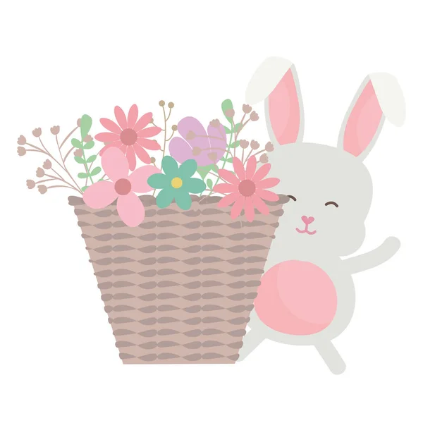 Lindo conejito con canasta de paja y flores — Vector de stock