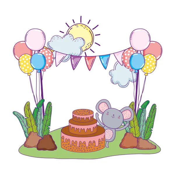 Mouse with cake and balloons helium in the field — Stock Vector