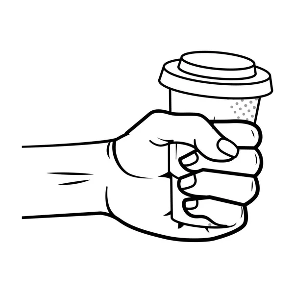 Hand holding a coffee paper cup black and white — Stock Vector