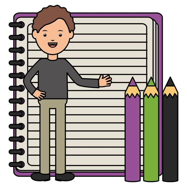 Giovane insegnante maschio con quaderno e matite colori — Vettoriale Stock