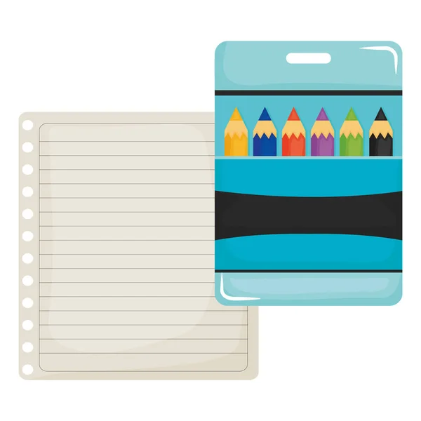 Hoja de papel portátil con caja de lápices de colores — Vector de stock