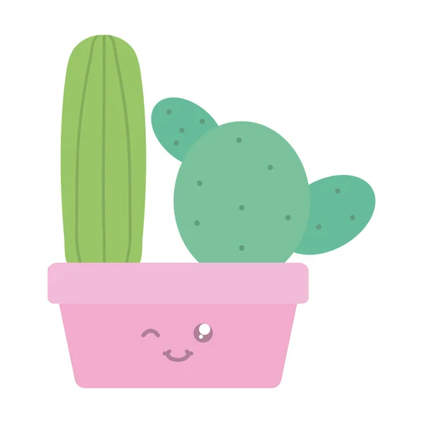 Plantas de cactus exóticas en maceta de cerámica cuadrada caracteres kawaii — Vector de stock