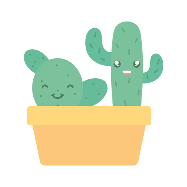 Egzotyczne Kaktus rośliny w kwadratowych ceramicznych garnka Kawaii znaków — Wektor stockowy