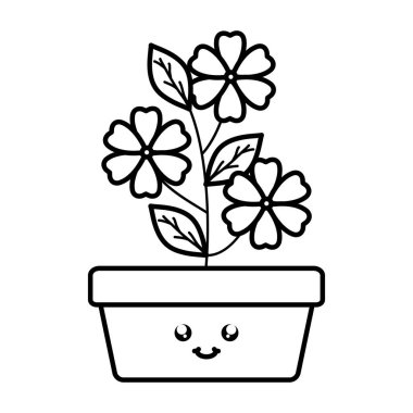 Bahçe çiçekler ve kare pot Kawaii karakter Leafs