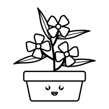 Bahçe çiçekler ve kare pot Kawaii karakter Leafs