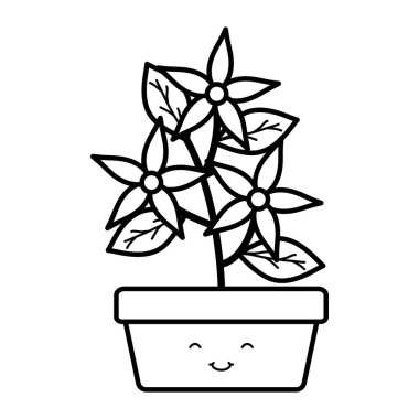 Bahçe çiçekler ve kare pot Kawaii karakter Leafs