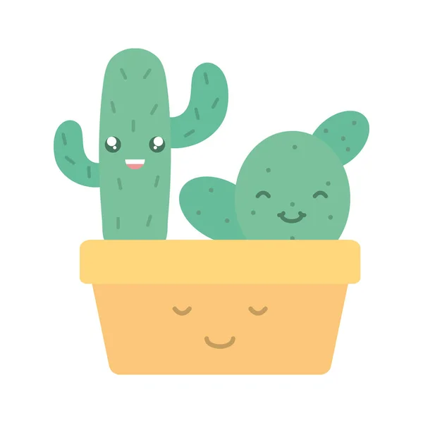 Plantas de cactus exóticas en maceta de cerámica cuadrada caracteres kawaii — Vector de stock