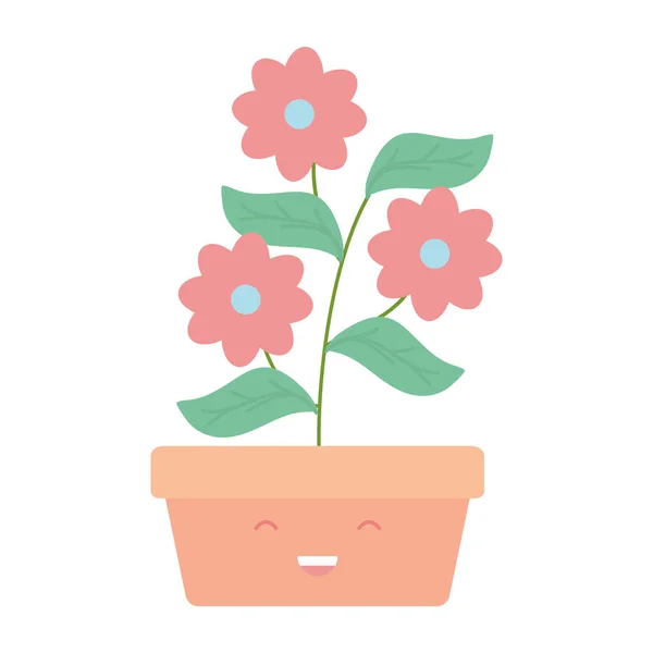 Flores de jardín planta en maceta cuadrada kawaii carácter — Vector de stock