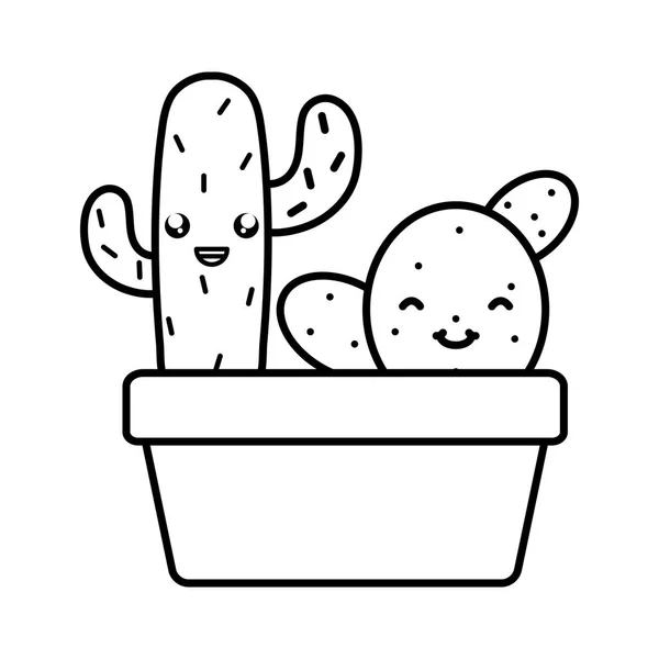 Exotic cactus plants in square ceramic pot kawaii characters — Stock Vector