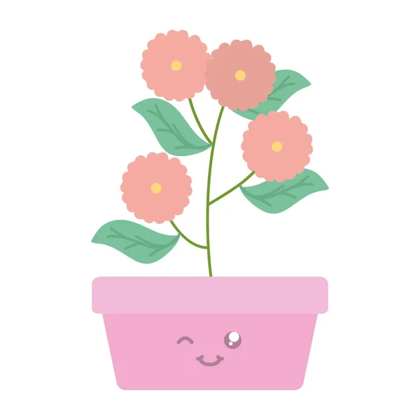 Garden flowers plant in square pot kawaii character — Stock Vector