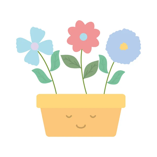 Garden flowers plant in square pot kawaii character — Stock Vector