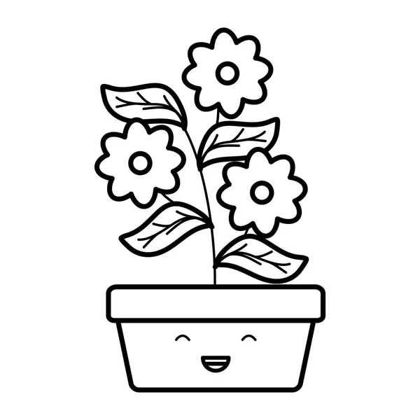 Flores de jardín y hojas en maceta cuadrada carácter kawaii — Vector de stock