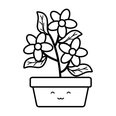 Bahçe çiçekler ve kare pot Kawaii karakter Leafs