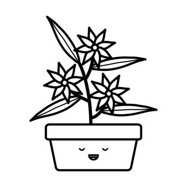 Bahçe çiçekler ve kare pot Kawaii karakter Leafs