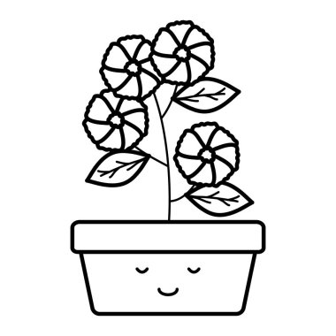 Bahçe çiçekler ve kare pot Kawaii karakter Leafs