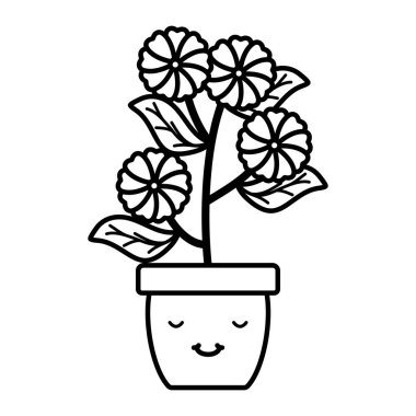 Bahçe çiçekleri ve pot Kawaii karakter Leafs