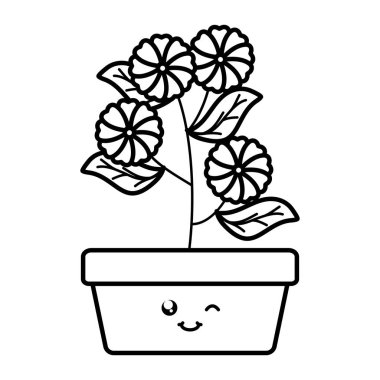 Bahçe çiçekler ve kare pot Kawaii karakter Leafs