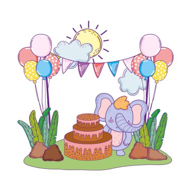 alanda kek ve balonlar helyum ile fil