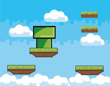 Arcade oyun dünya ve piksel sahne tasarım vektör illüstrasyon