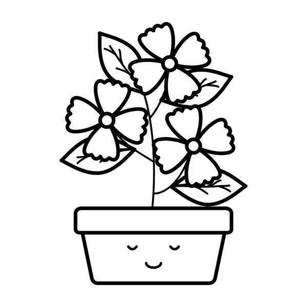 Kerti virágok és levelek a téren pot Kawaii karakter — Stock Vector