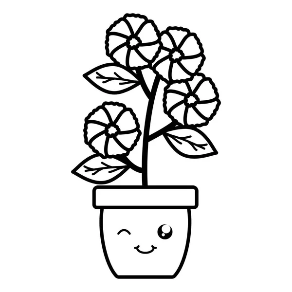 Flores de jardín y hojas en maceta carácter kawaii — Vector de stock