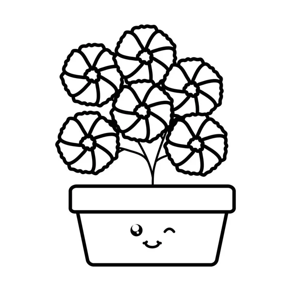 Flores de jardín planta en maceta cuadrada kawaii carácter — Vector de stock