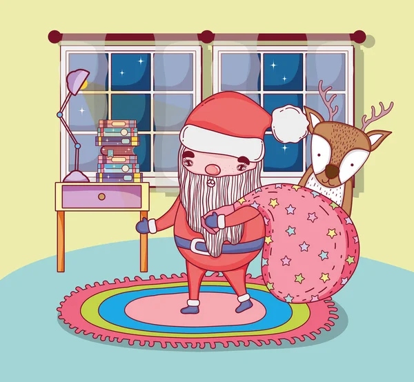 Weihnachtsmann mit Tasche und Hirsch im Haus — Stockvektor
