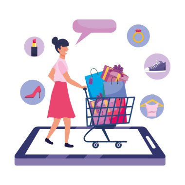 Kadın alışveriş online vektör çizim