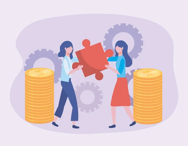Businesswomen with puzzle and coins with gears technology — Stock Vector