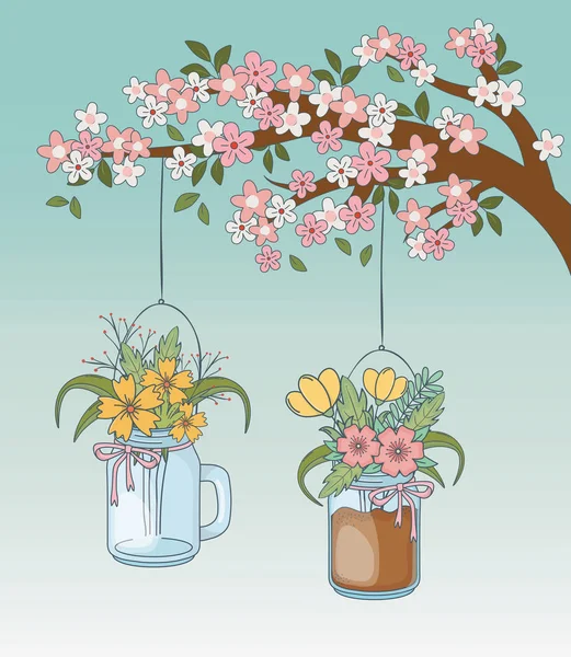 Tarros de albañil con flor colgando en rama de árbol — Archivo Imágenes Vectoriales