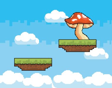 Arcade oyun dünya ve piksel sahne tasarım vektör illüstrasyon