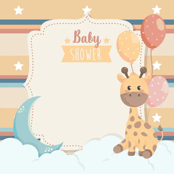 Balonlar ve bulutlar ile zürafa hayvan kartı — Stok Vektör